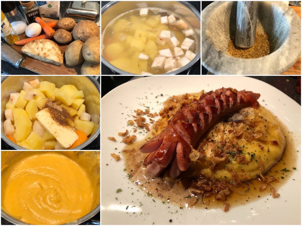 Sellerie-Kartoffelpüree mit Bockwurst