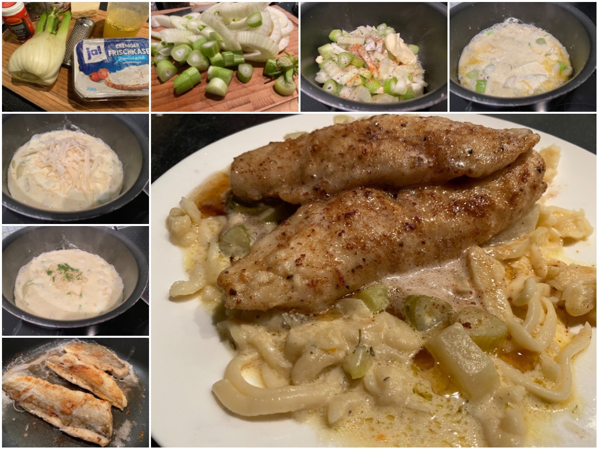 Wittling auf Hartweizennudeln und einer Fenchel-Parmesan-Soße