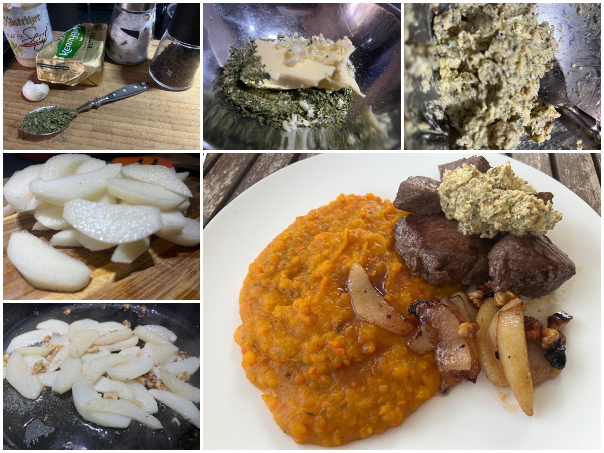 Hirschsteaks mit würziger Bier-Butter, karamellisierter Nashi-Birne und ...
